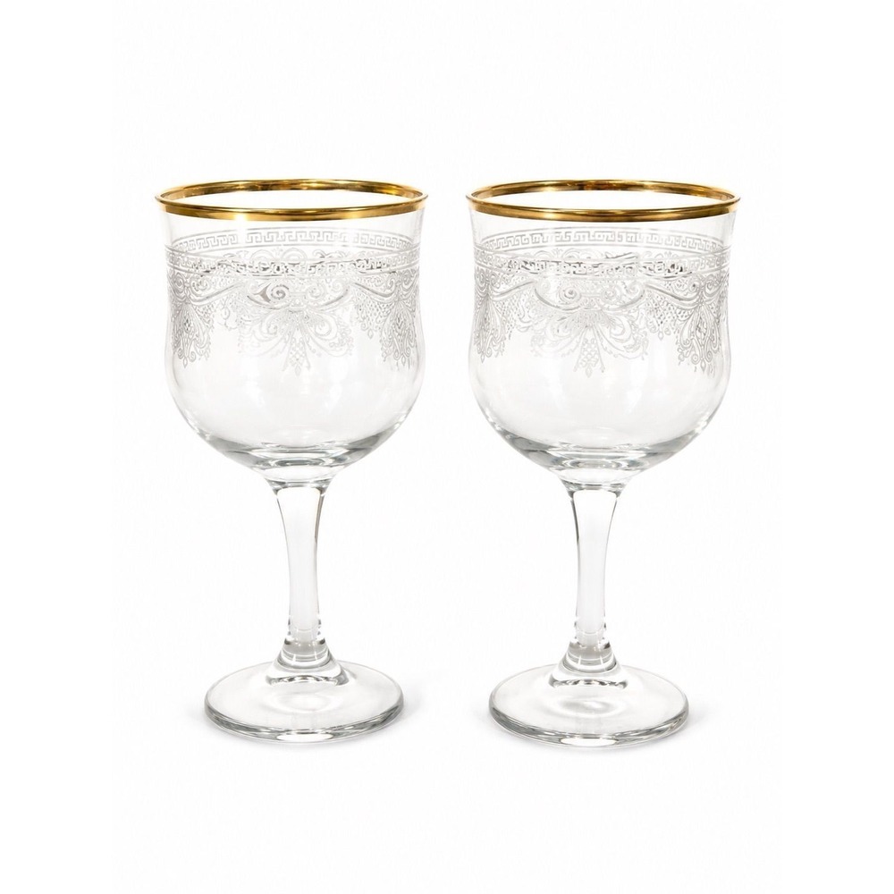 Vintage Style Gold Rim Etched Lace Wine Glasses Set of 2 Clear Stemware